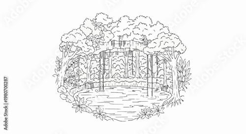 Lush forest scene with a pond surrounded by trees and foliage