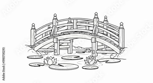 Wooden arched bridge over water with lily pads and lotus flowers