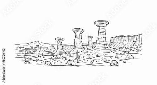 Stylized desert landscape with towering rock formations and sparse vegetation