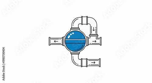 Illustration of a central spherical reservoir with connecting pipes showing flow direction