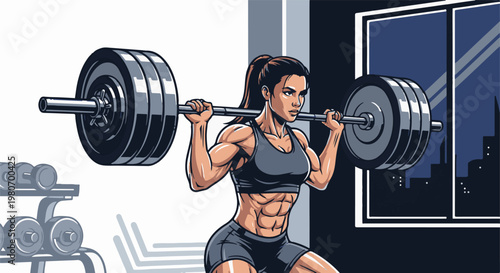 Woman in gym lifting heavy barbell, focused on her workout
