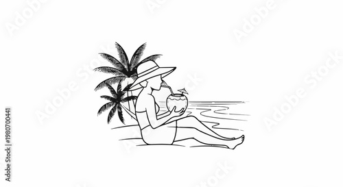 Woman in hat drinks coconut by palm trees and ocean waves