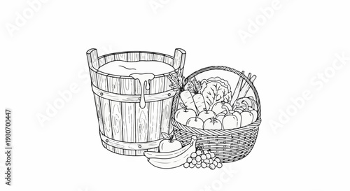 Wooden bucket with liquid, woven basket overflowing with fresh fruits and vegetables