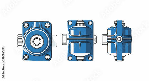 Three views of a blue, bolt-on industrial component with a central circular opening