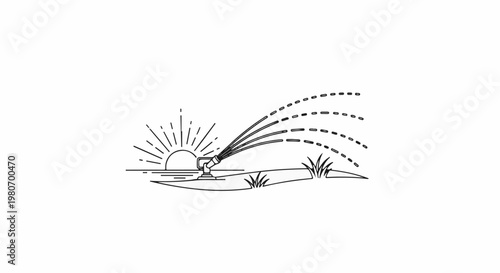 Sunrise over water with sprinkler watering plants on dry land