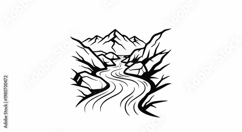 Stylized black and white illustration of a river flowing through rocky mountains