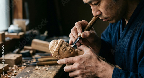 日本の伝統工芸 仏像を彫る仏師の集中する表情と手作業