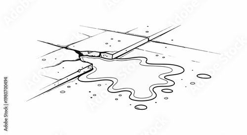Cracked pavement with a spilled liquid puddle