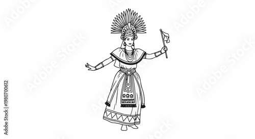 Woman in ornate headdress and traditional attire holds a small flag aloft