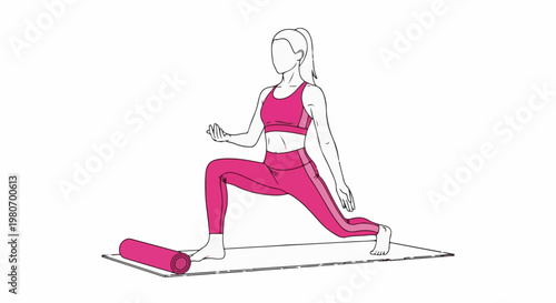 Woman in pink workout clothes stretches on a mat, yoga mat beside her