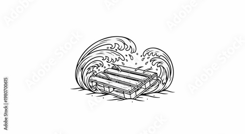 Wooden pallet adrift amidst crashing ocean waves in a dramatic illustration