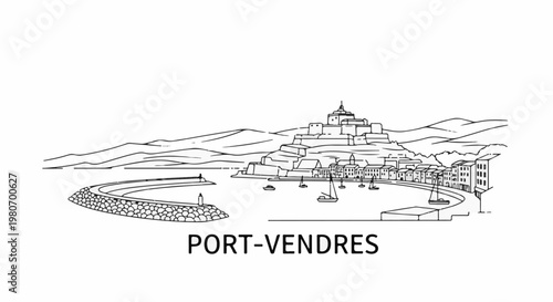 Stylized line drawing of a coastal town with a harbor and surrounding hills