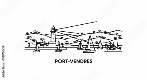 A minimalist line drawing depicts a harbor with sailboats, a lighthouse, and a hilly background