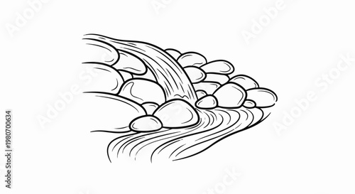 Stylized black and white line art of a waterfall flowing over rocks