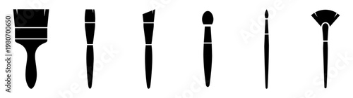 Set of black silhouette icons of various paint and makeup brushes