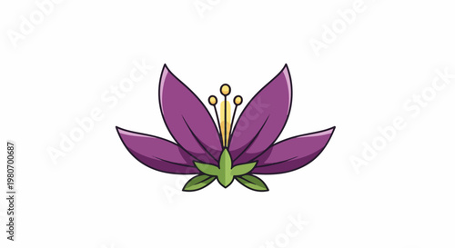 A stylized purple flower with yellow stamen and green sepals