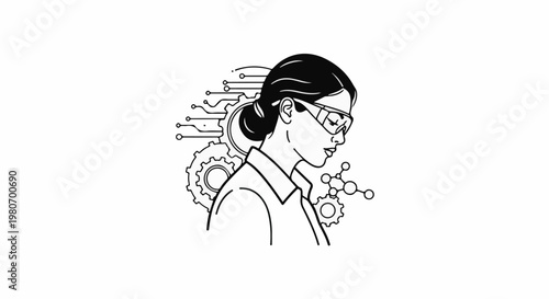 Woman in safety glasses with gears and circuit patterns