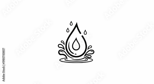 Simple black line drawing of a large water drop with smaller drops above and splashes below