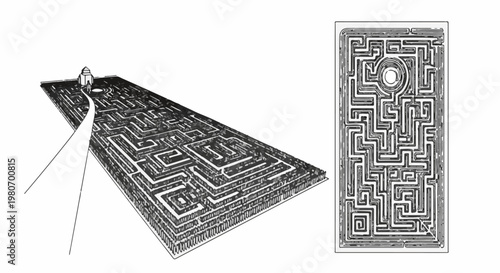 Person walks into a labyrinth with a building at the end
