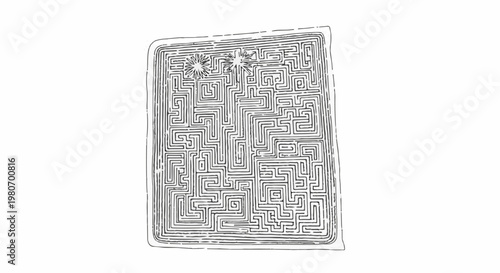 Intricate black and white maze with two starbursts at the top left