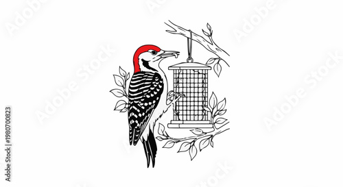 Woodpecker with red head pecking seeds from a bird feeder on a branch