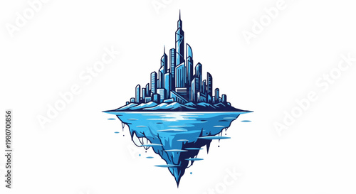A futuristic city rises from an inverted, icy landmass floating in water