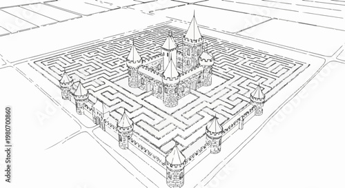 A stylized stone castle sits at the center of a complex maze layout