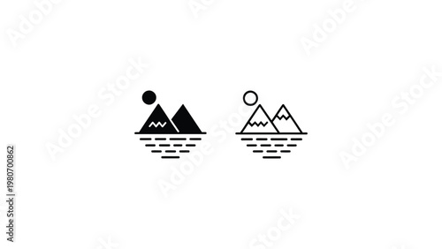 mountain landscape icon set with sun and water waves minimalist vector illustration for nature travel outdoor adventure ui design