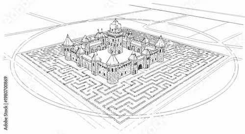 A stone castle is surrounded by a detailed maze