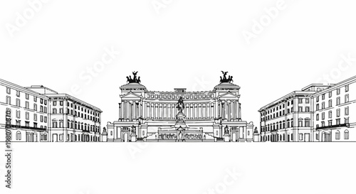 Stylized pen and ink sketch of a grand historic monument with flanking buildings