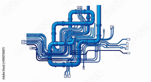 Intricate network of blue pipes and conduits against a white background