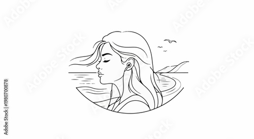 Woman listening to music outdoors by the sea with birds flying