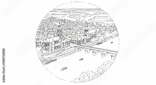 Aerial sketch of a historic European city with river and arched bridge