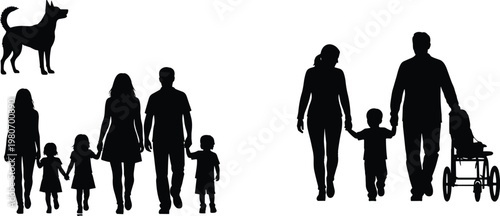 Family silhouettes set with dog, parents and children walking, stroller scene, happy lifestyle concept, isolated black silhouettes illustration