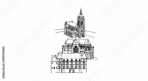 Line art architectural renderings of a tall spired cathedral above a castle