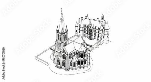 Line art sketch of a gothic cathedral and adjoining castle complex