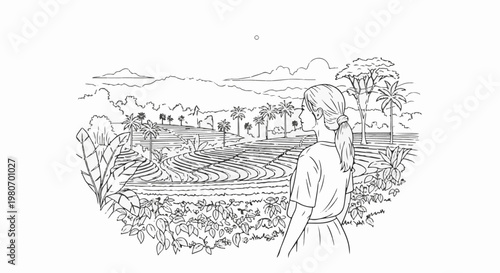 Woman observing a vast, terraced landscape with tropical vegetation