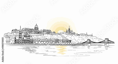 Ink sketch of a city skyline with a bridge and a sunburst