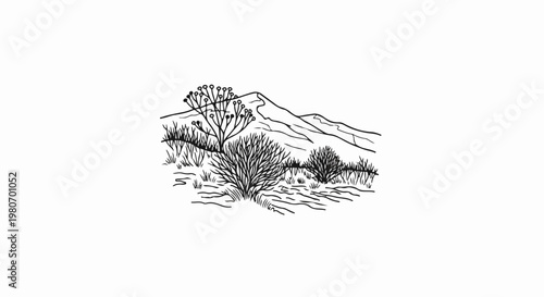 A minimalist black and white line drawing depicts a dry, hilly landscape with sparse vegetation