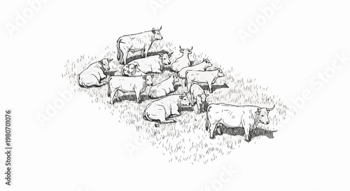 Sketch of a herd of cattle resting and standing on a grassy field