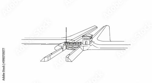 Illustration of a canal lock structure with a control building and water gates