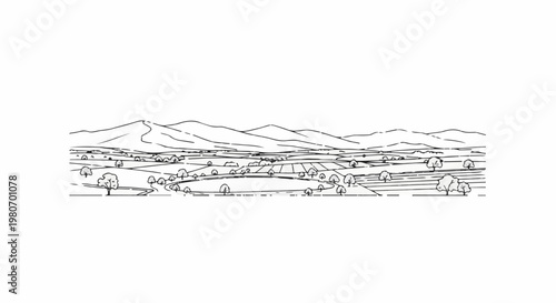 Black and white line drawing of a sprawling rural landscape with rolling hills and distant mountains