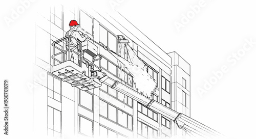 Worker in lift platform sprays water on building facade