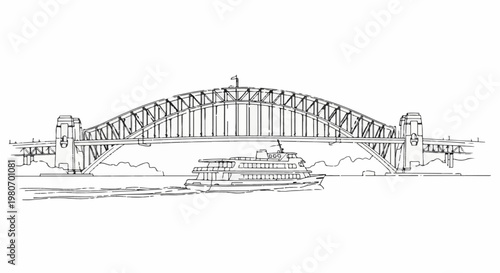 Sketch of a large arched bridge over water with a multi-deck boat
