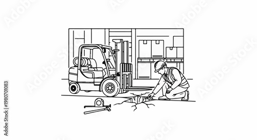 Worker inspects cracked floor near forklift and boxes in warehouse