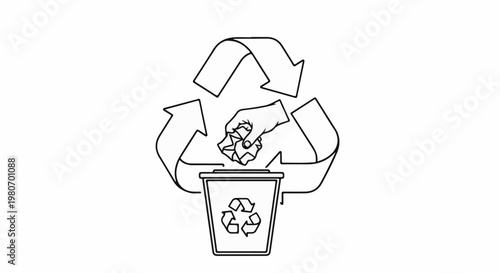 Recycling symbol with hand dropping paper into bin