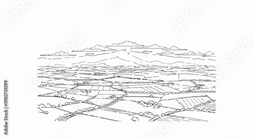 A sketch of rolling hills, cultivated fields, a winding road, and distant mountains under clouds