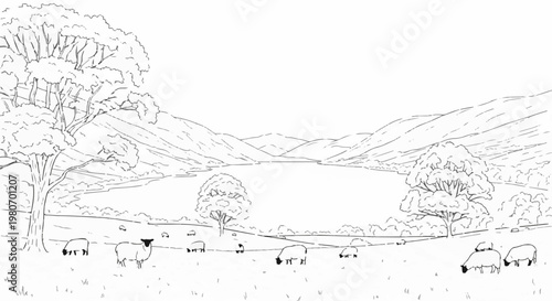 Pastoral scene with sheep grazing by a lake and rolling hills