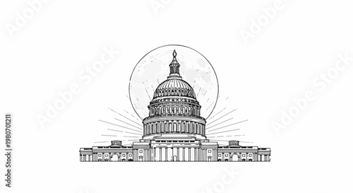 Stylized monochrome sketch of a grand dome building with a full moon behind it