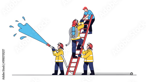 Courageous Firefighters at Work: Witness the bravery of firefighters as they combat flames, working together with unwavering determination, against the backdrop of an emergency scene.